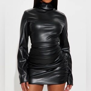 NWT Ruched Faux Leather Mini Dress - Mock Neck - Black - Size Small